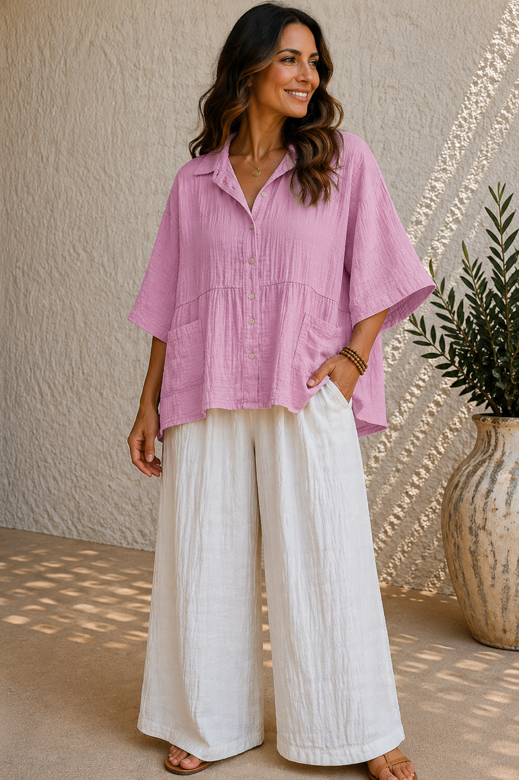 Baby Pink Crinkle Button-Through Relaxed Cotton Shirt