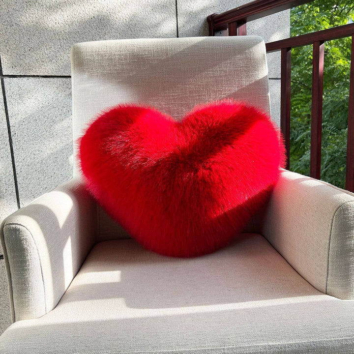 Red Soft Faux Fox Fur Heart Pillow
