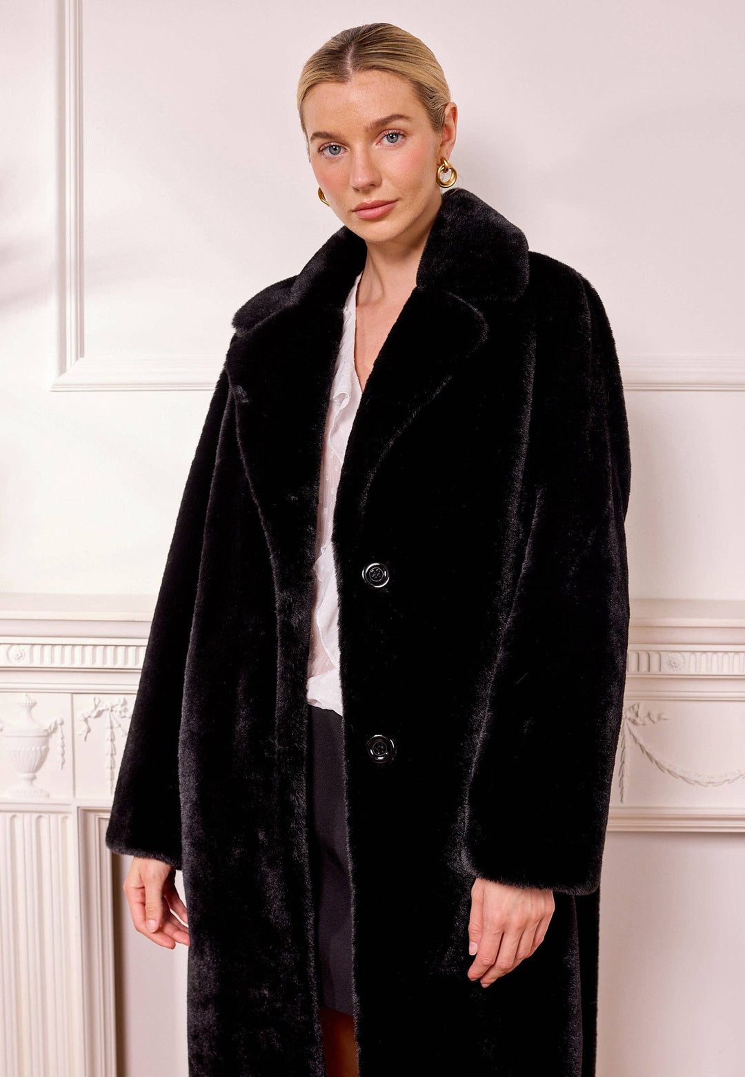 Black Longline Faux Fur Coat