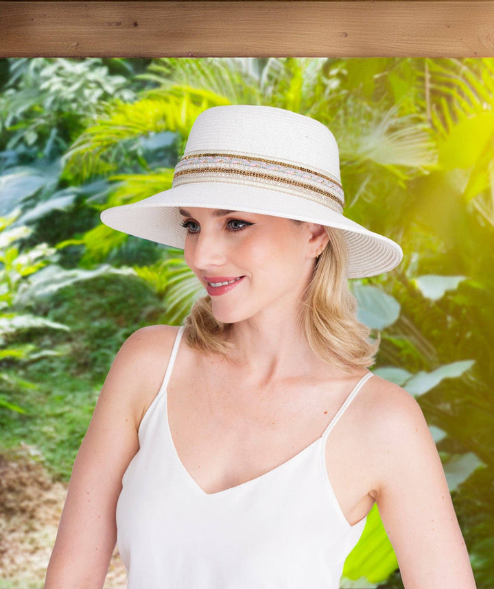 White Woven Straw Crystal Wide Brim Sun Hat