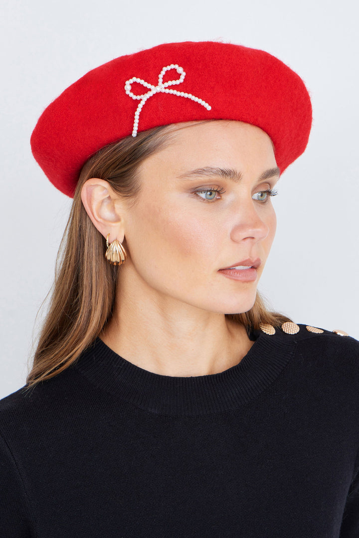Yumi Red Pearl Bow Beret