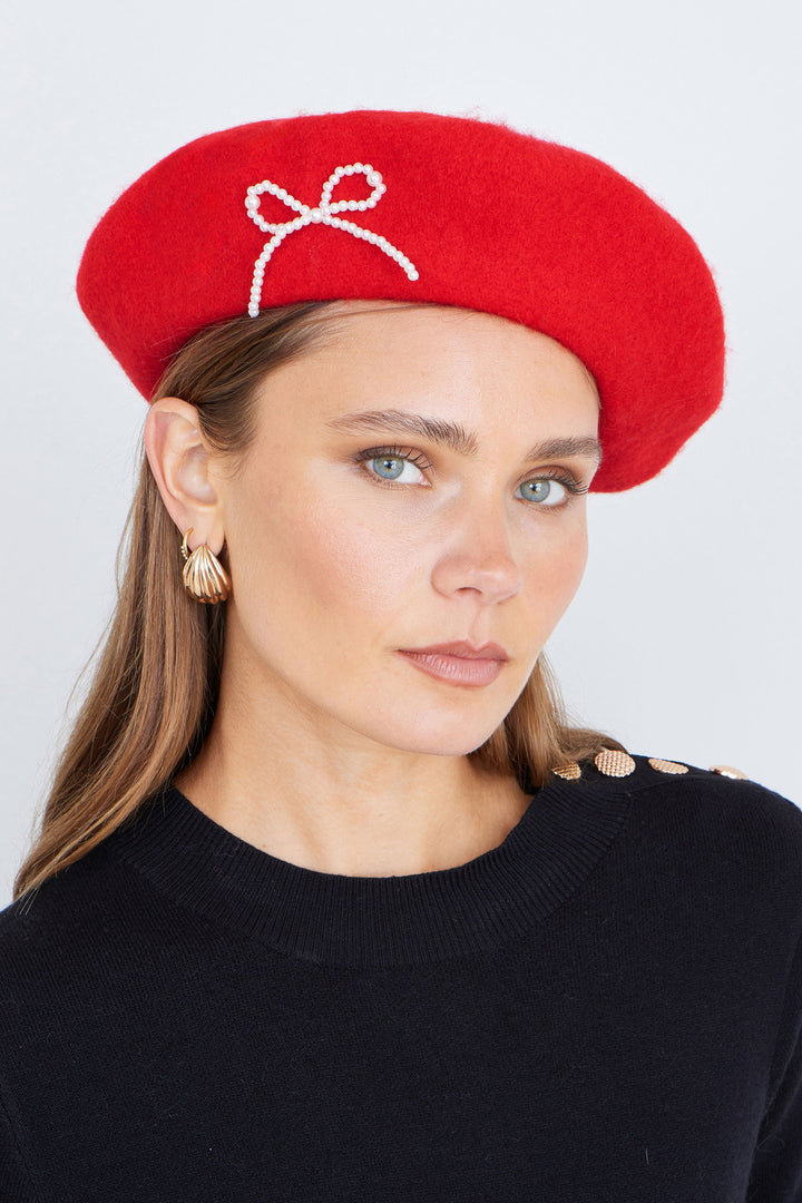 Yumi Red Pearl Bow Beret