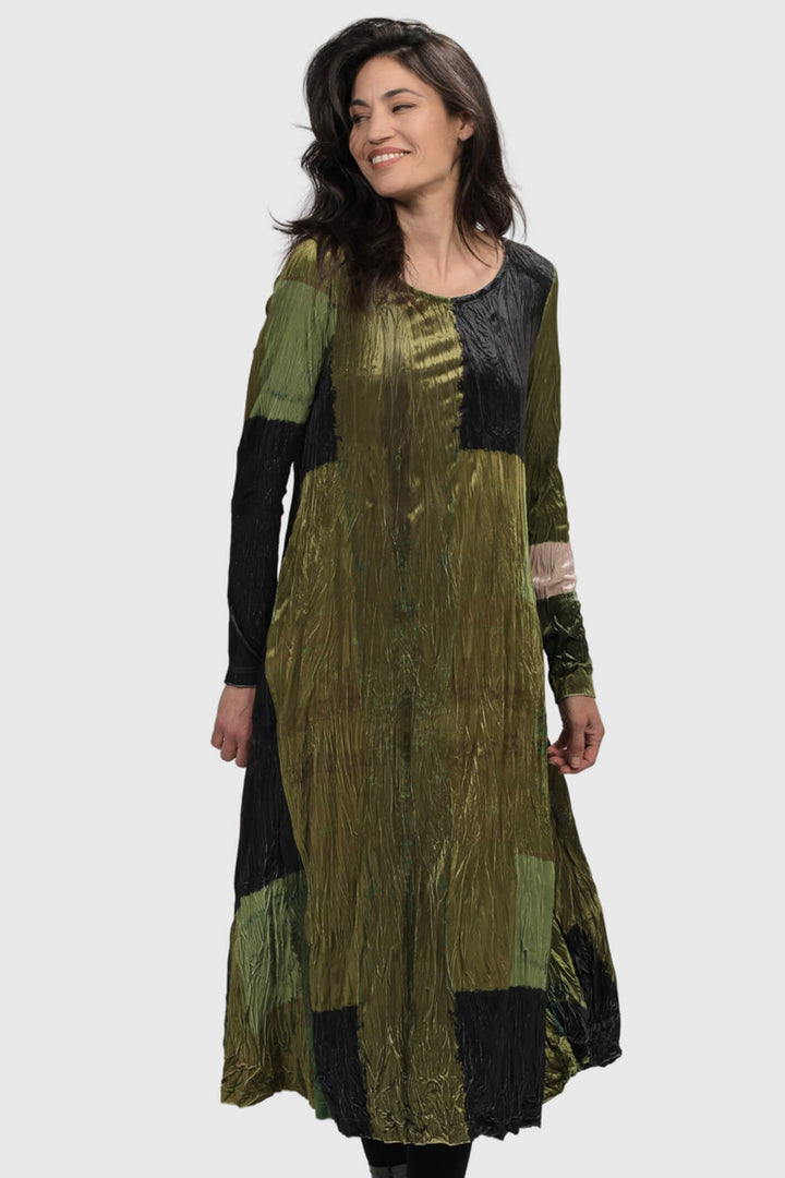 Alembika AD1080 Olive Green Patchwork Print Dress - Experience Boutique