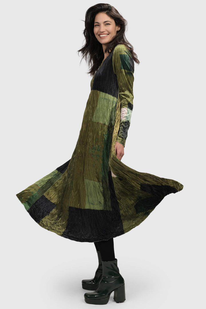 Alembika AD1080 Olive Green Patchwork Print Dress - Experience Boutique