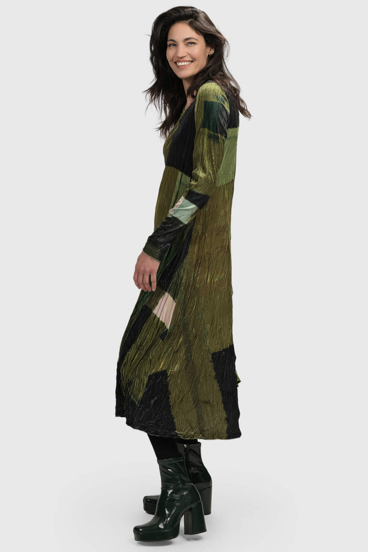 Alembika AD1080 Olive Green Patchwork Print Dress - Experience Boutique