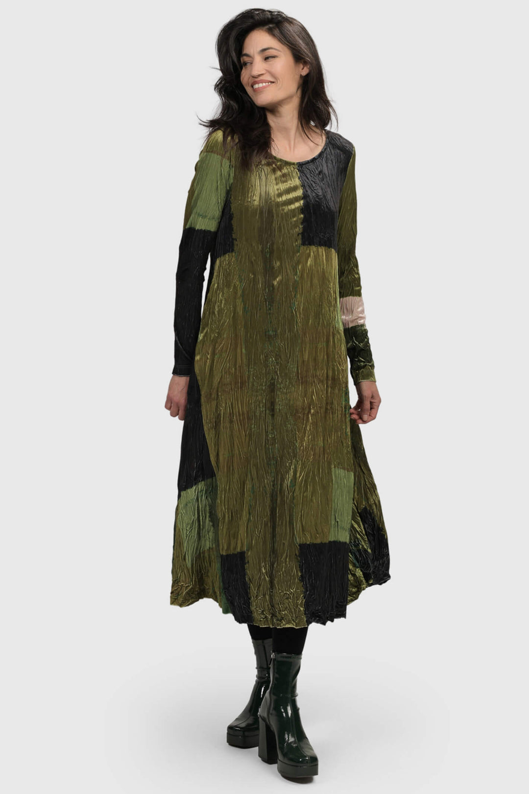 Alembika AD1080 Olive Green Patchwork Print Dress - Experience Boutique