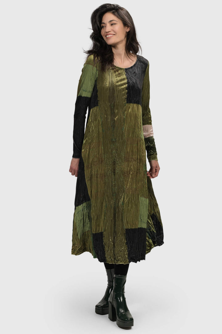 Alembika AD1080 Olive Green Patchwork Print Dress - Experience Boutique