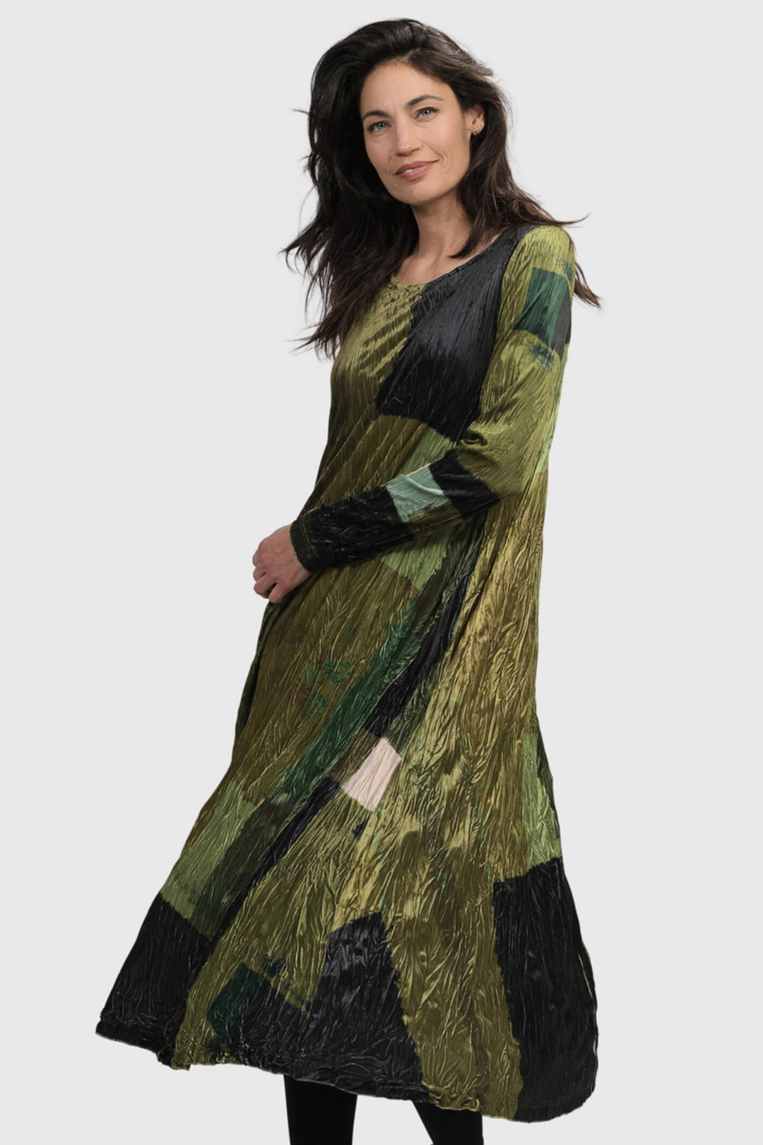 Alembika AD1080 Olive Green Patchwork Print Dress - Experience Boutique