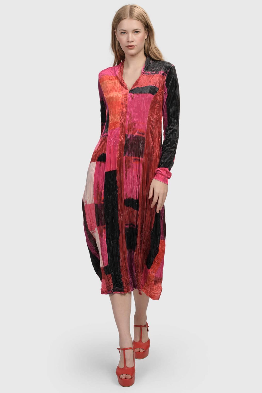 Alembika AD109 Magenta Pink Velvet Block Print Dress - Experience Boutique