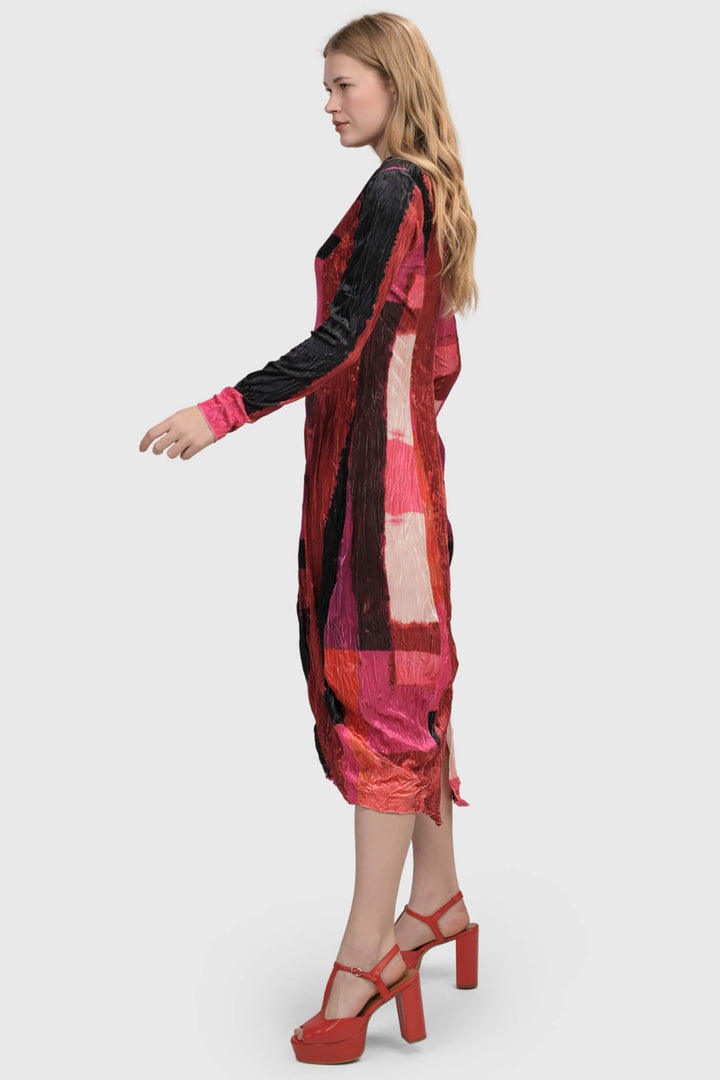 Alembika AD109 Magenta Pink Velvet Block Print Dress - Experience Boutique