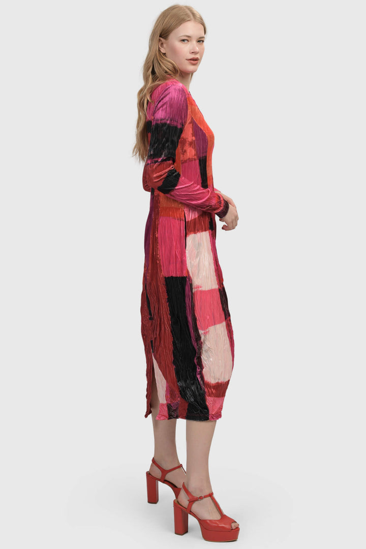 Alembika AD109 Magenta Pink Velvet Block Print Dress - Experience Boutique