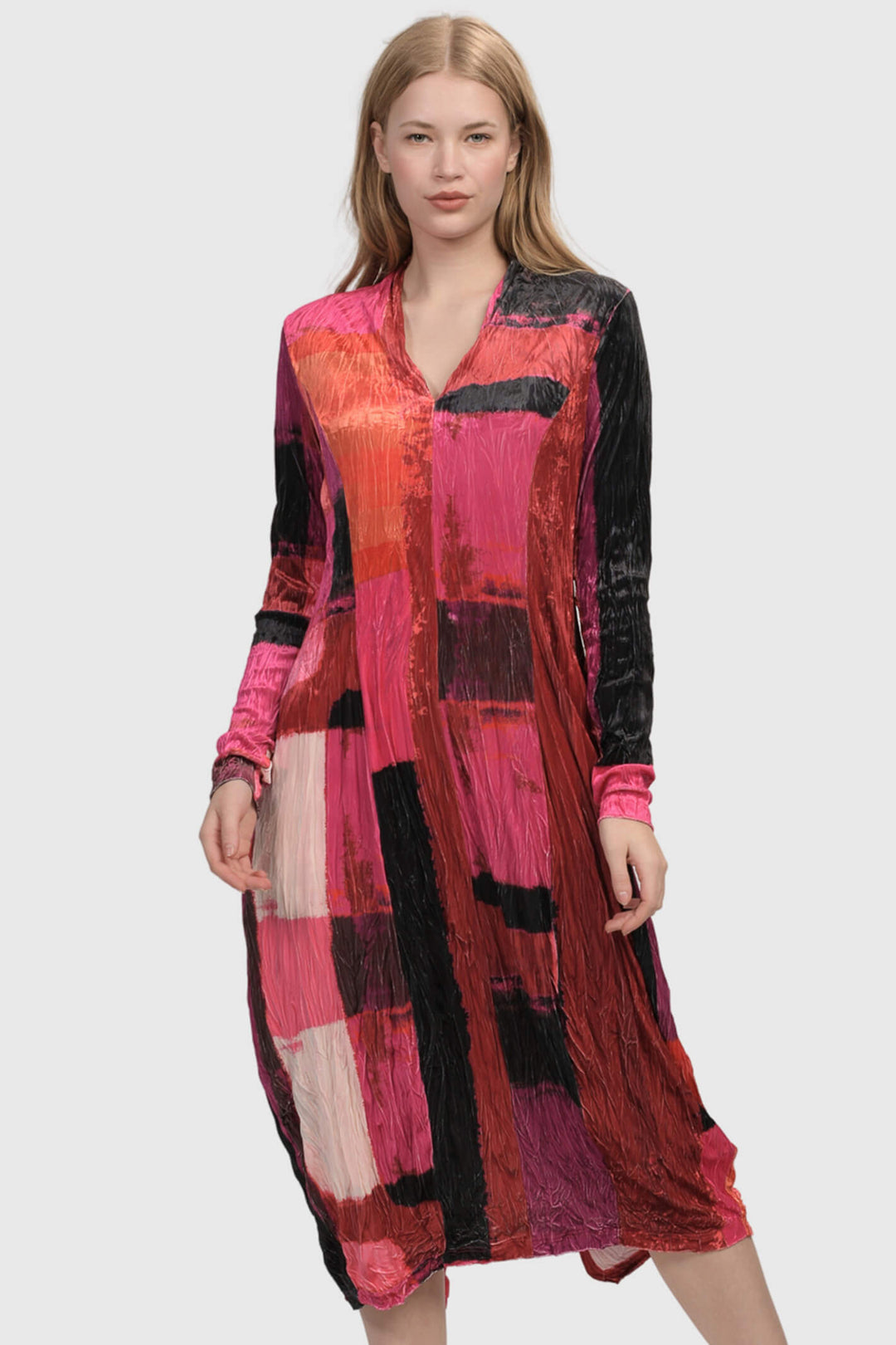 Alembika AD109 Magenta Pink Velvet Block Print Dress - Experience Boutique