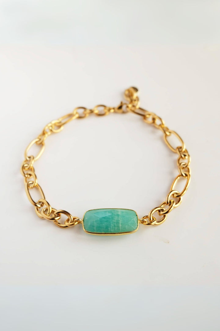 Amazonite 22k Gold Plated Gemstone Long Link Gold Chain Bracelet