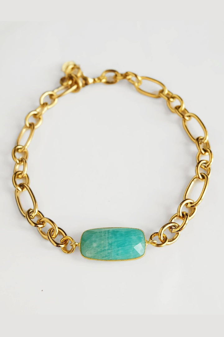 Amazonite 22k Gold Plated Gemstone Long Link Gold Chain Bracelet