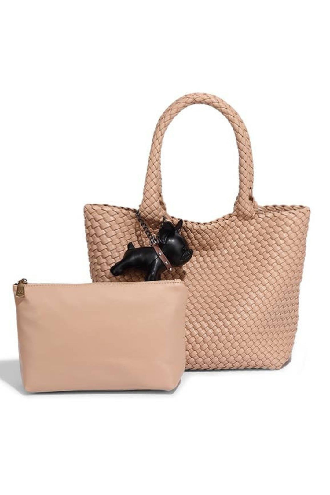 Apricot Hand Woven Faux Leather Bag With Frenchie Charm