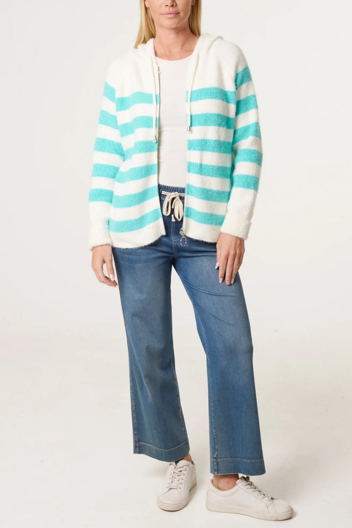 Aqua Stripe Super Cosy Zip Cardi Hoodie