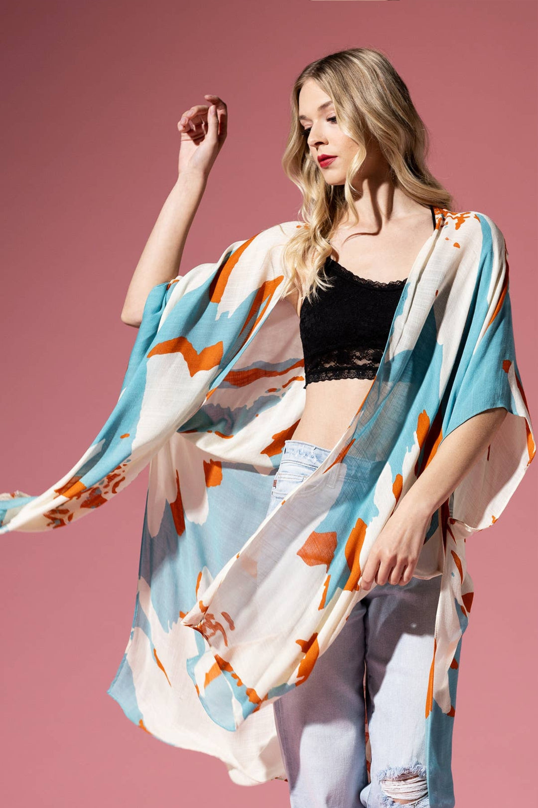 Aquamarine Sweeping Floral Kimono
