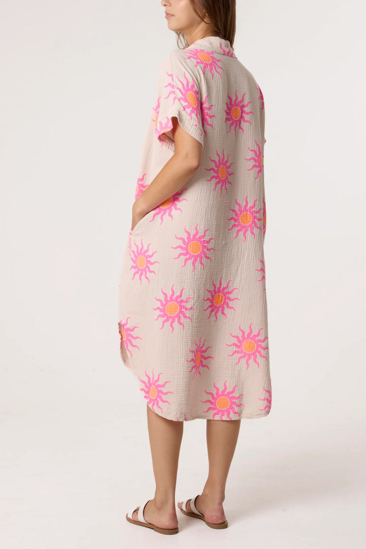 Baby Pink Sun Print Cotton Midi Dress