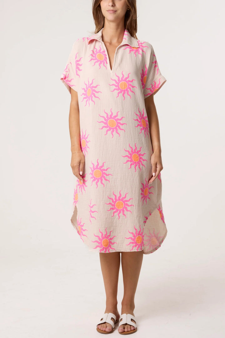 Baby Pink Sun Print Cotton Midi Dress