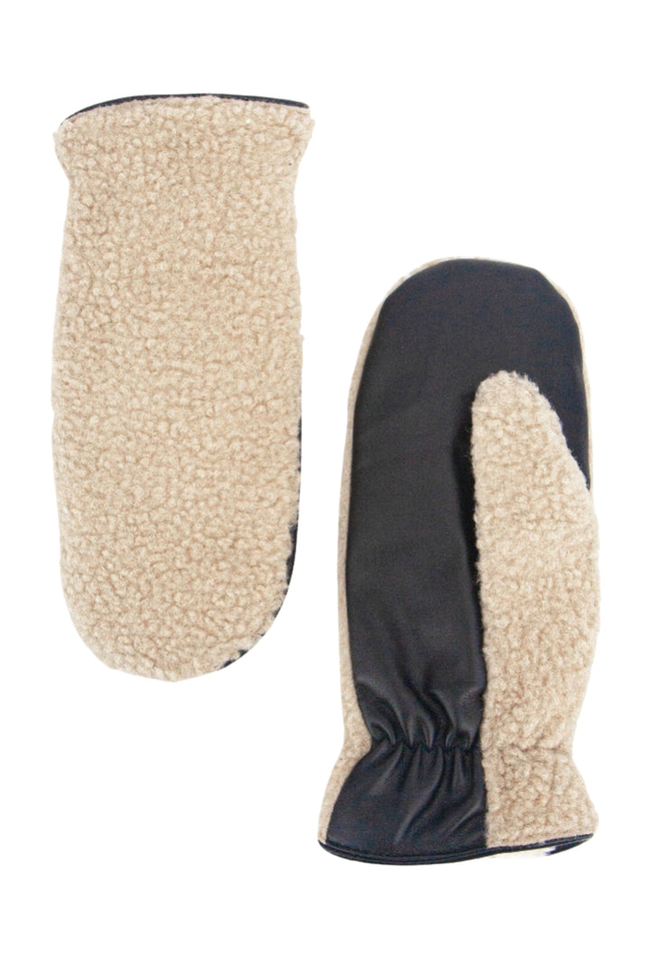 Beige &amp; Black Faux Shearling Mitten Gloves