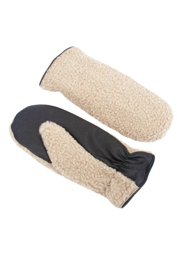Beige &amp; Black Faux Shearling Mitten Gloves