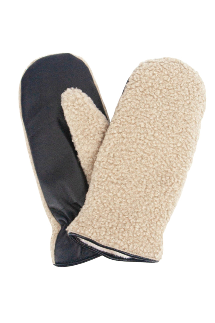 Beige &amp; Black Faux Shearling Mitten Gloves
