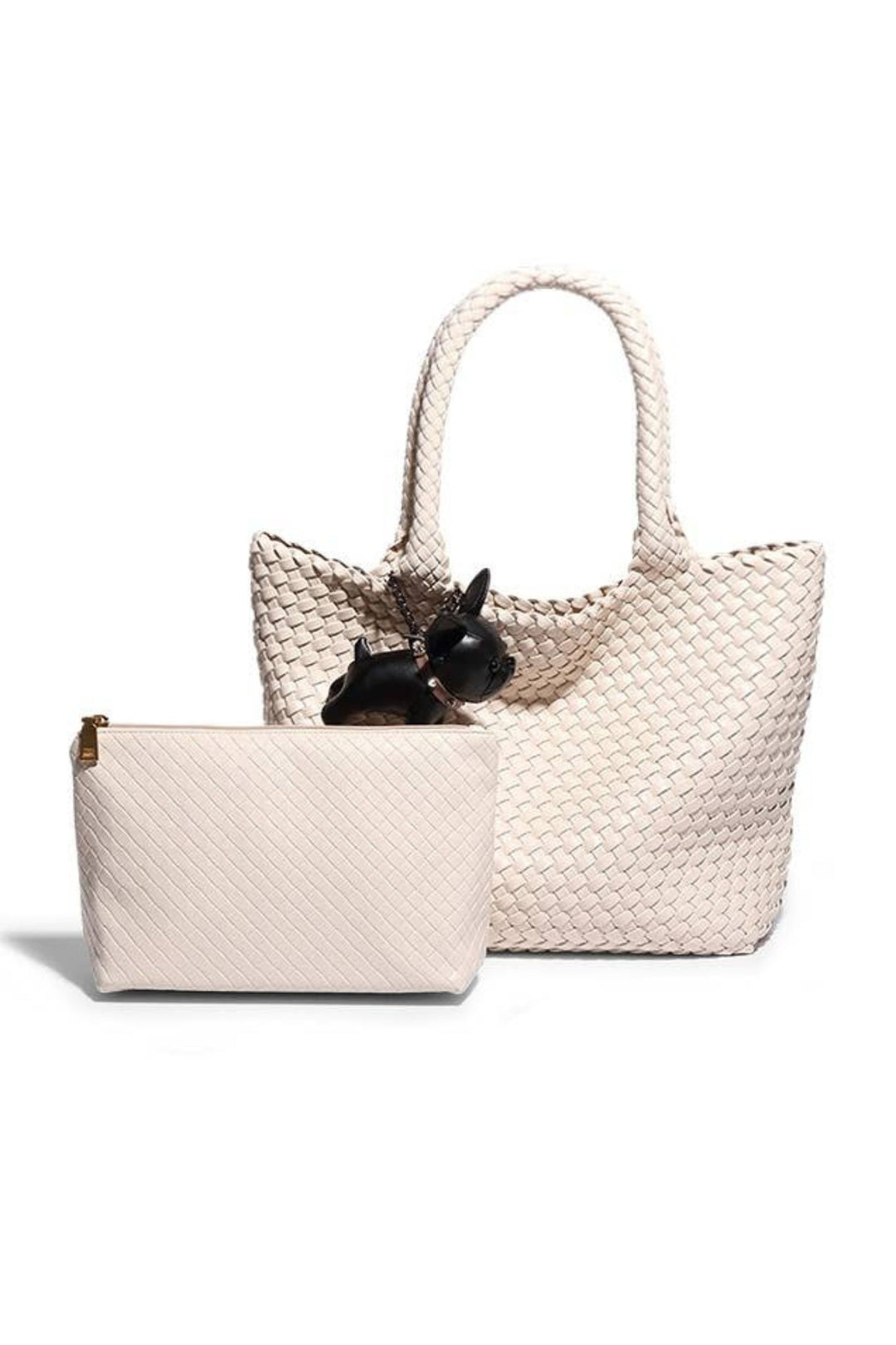 Cream Hand Woven Faux Leather Bag With Frenchie Charm