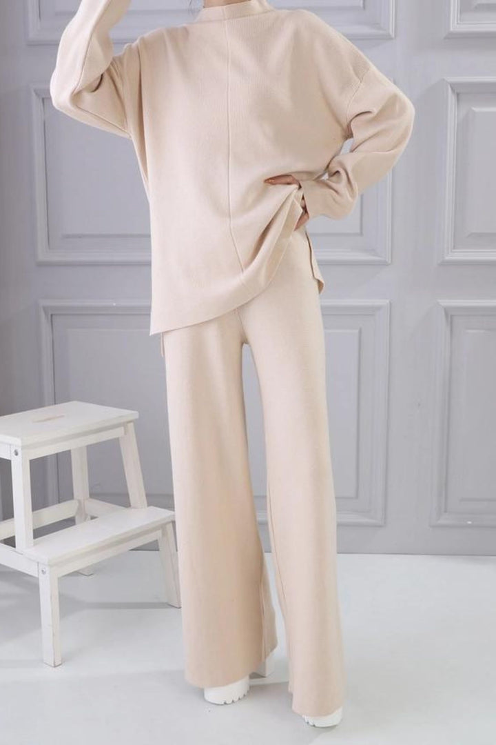 Beige Super Soft Fine Rib Knit Wide Leg Trousers