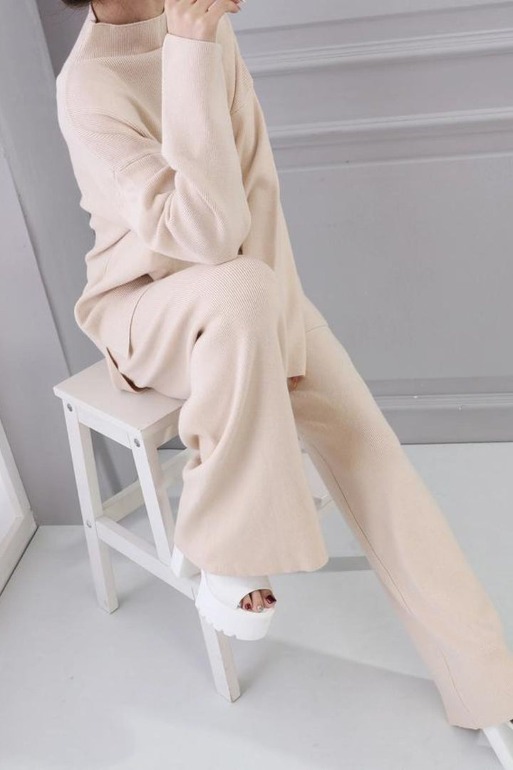 Beige Super Soft Fine Rib Knit Wide Leg Trousers