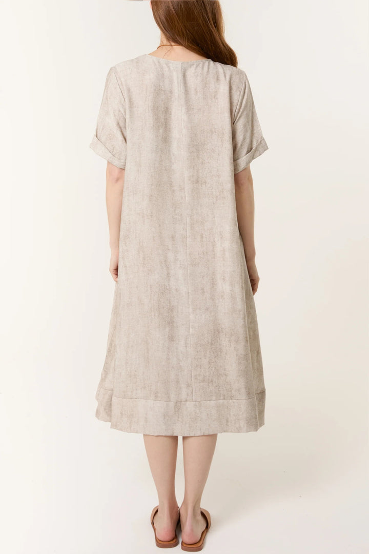 Beige Two Tone A-Line Dress & Wooden Bead Necklace