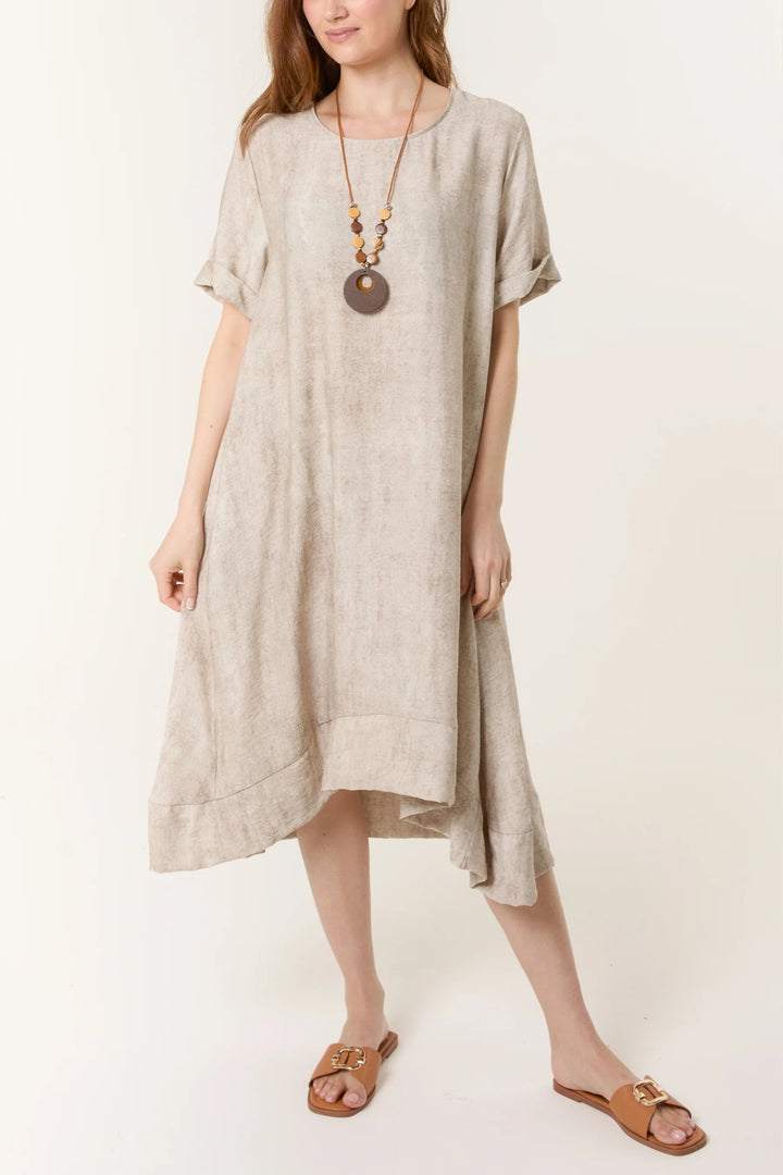 Beige Two Tone A-Line Dress & Wooden Bead Necklace