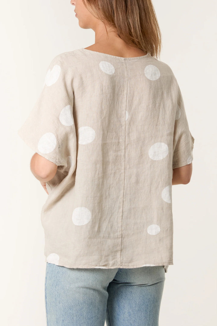 Beige & White Spot Loose Fit Linen Top