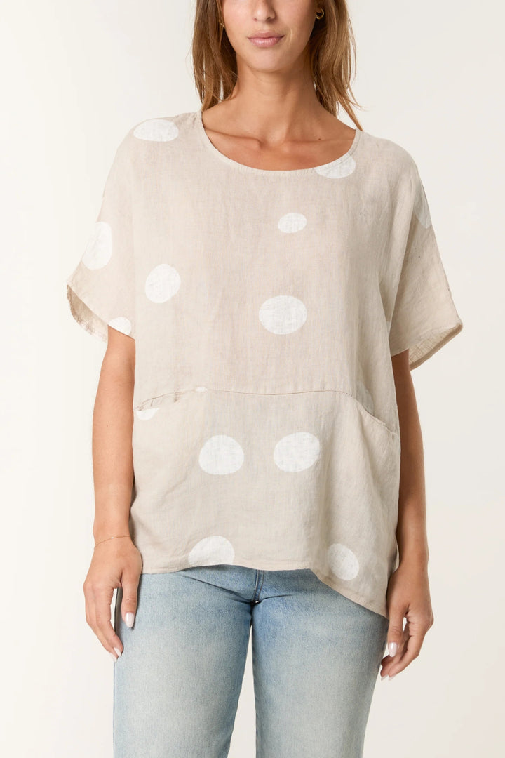 Beige & White Spot Loose Fit Linen Top