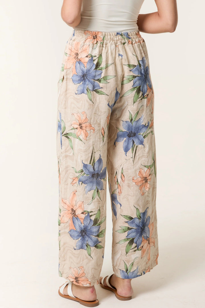 Beige Floral Wide Leg Pure Linen Pull On Trousers