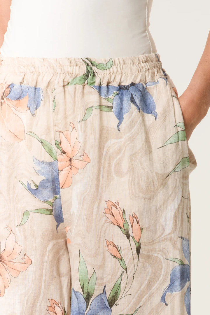 Beige Floral Wide Leg Pure Linen Pull On Trousers