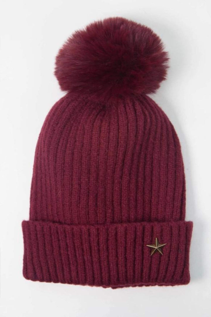 Berry Metal Star Pom Pom Hat with Antique Gold Star