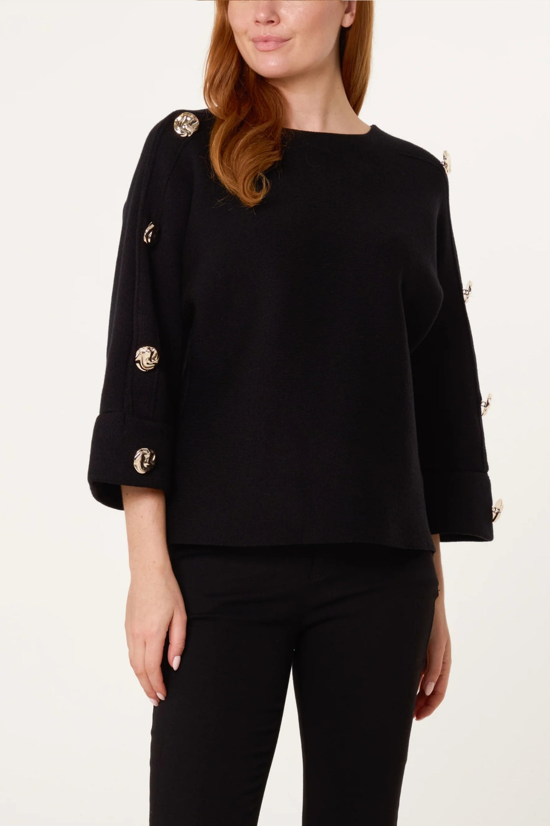 Black Button Sleeve Rib Knit Jumper