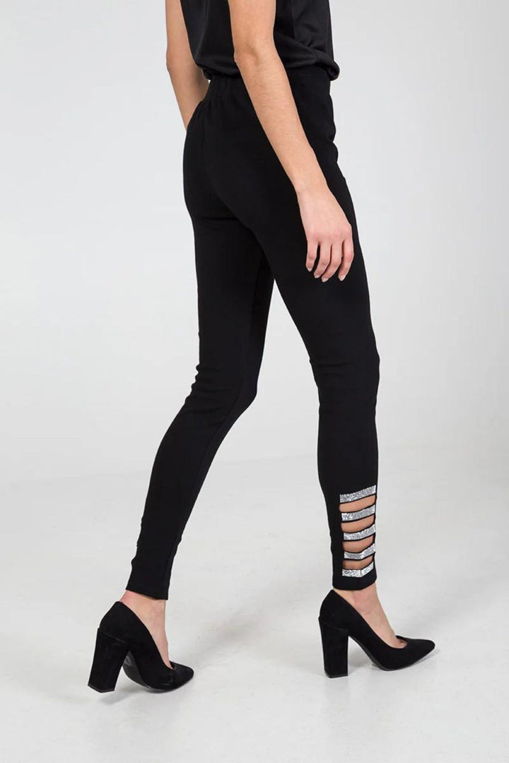 Black Diamante Embellished Cut Out Cotton Leggings