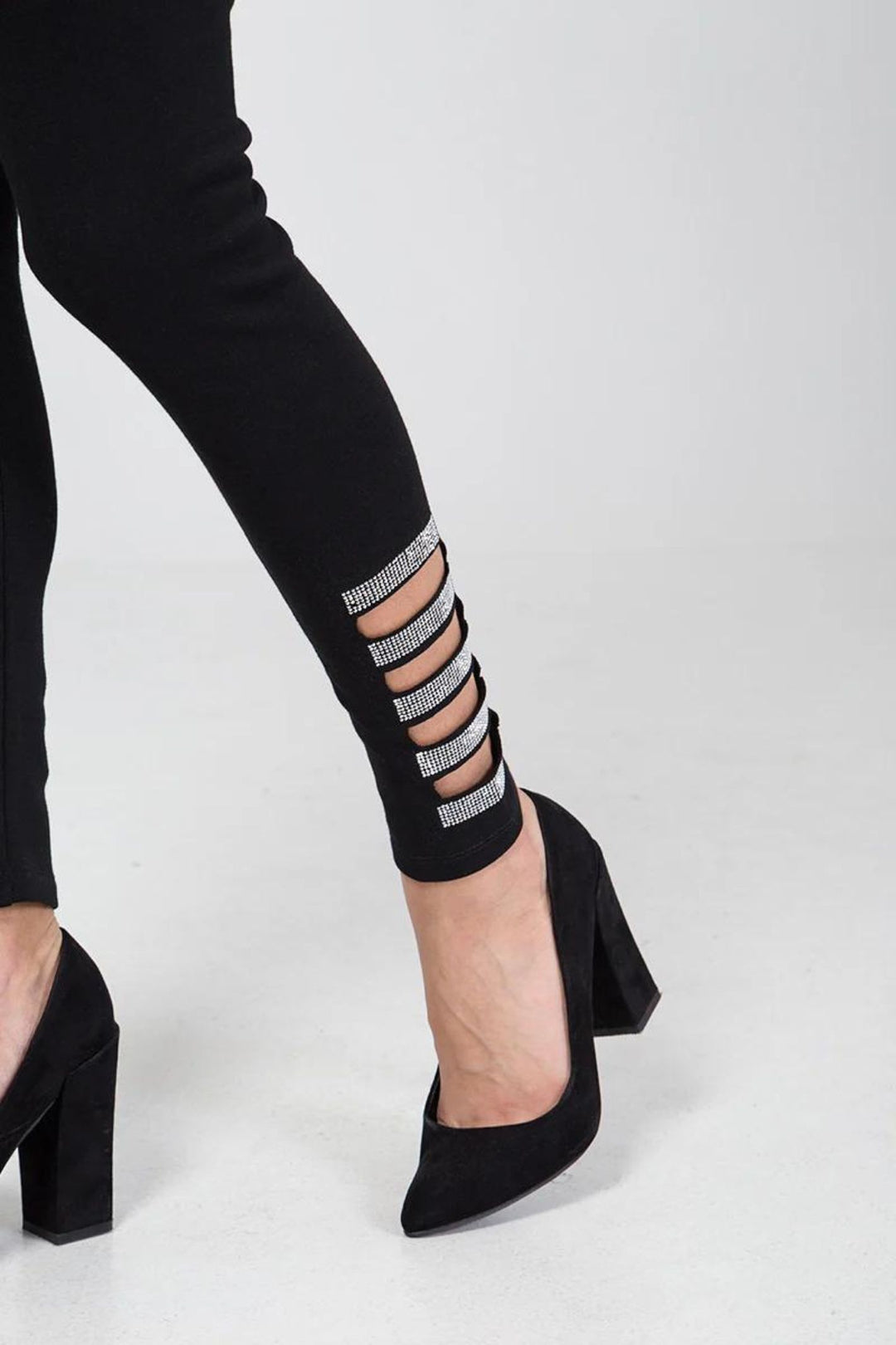 Black Diamante Embellished Cut Out Cotton Leggings