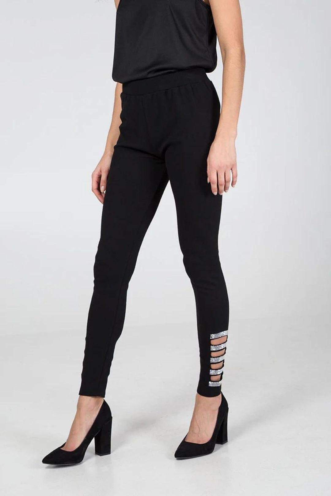 Black Diamante Embellished Cut Out Cotton Leggings