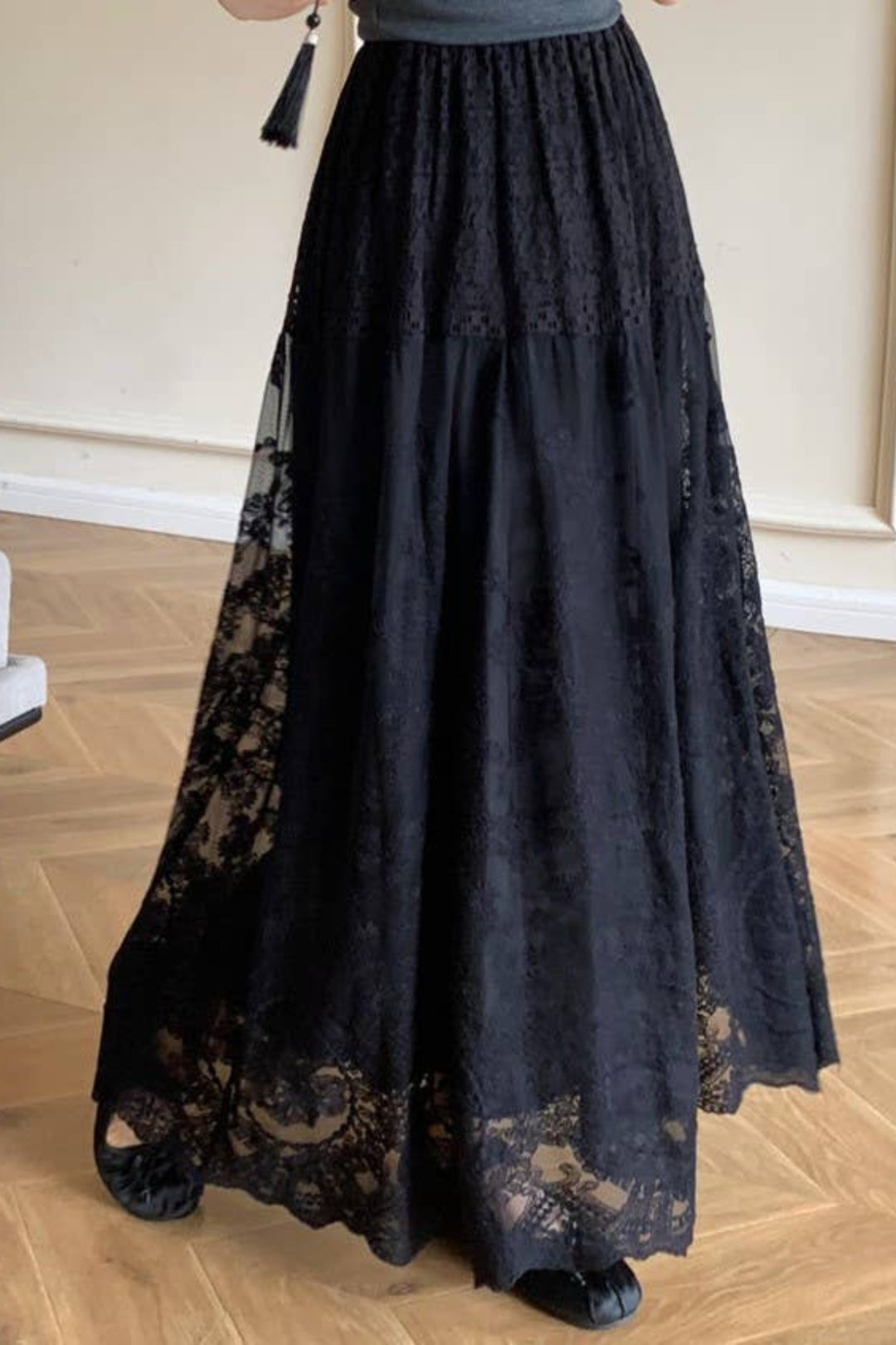 Black Elegant Lace Maxi Skirt