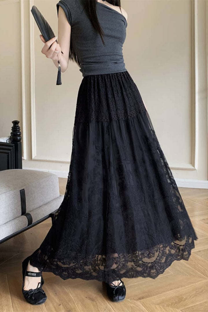 Black Elegant Lace Maxi Skirt