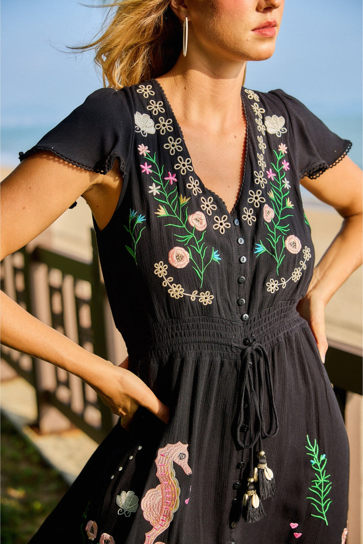 Black Embroidered Hi-Low Hem Dress