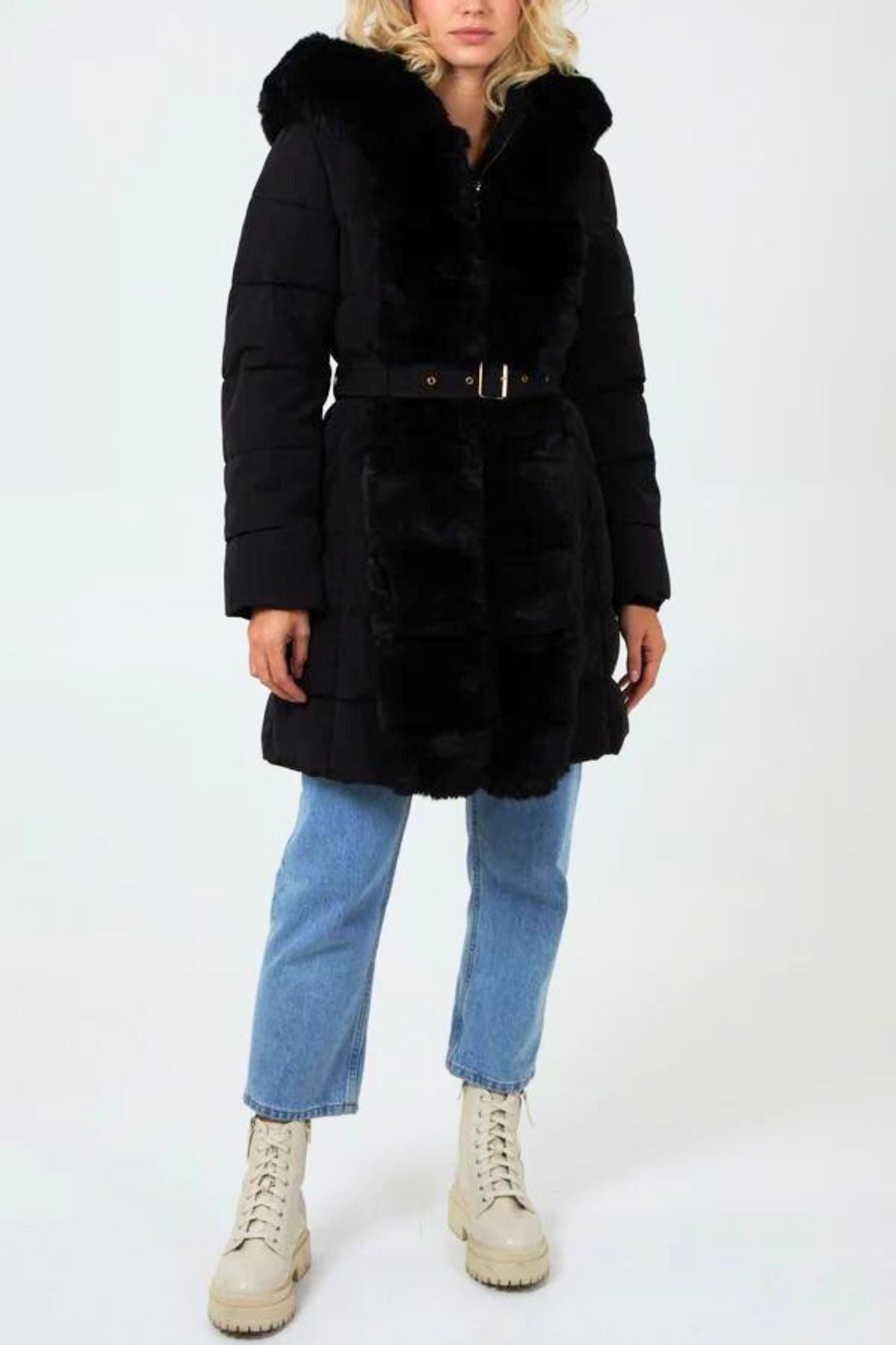 Black Faux Fur Trim Longline Belted Coat