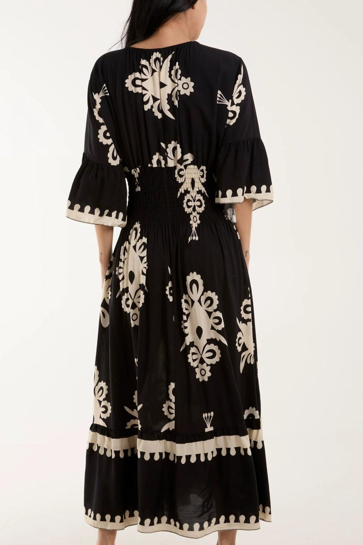 Black Filigree Print Shirred Bodice V-Neck Maxi Dress