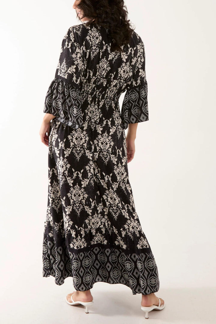 Black Filigree Print V-neck Maxi Dress