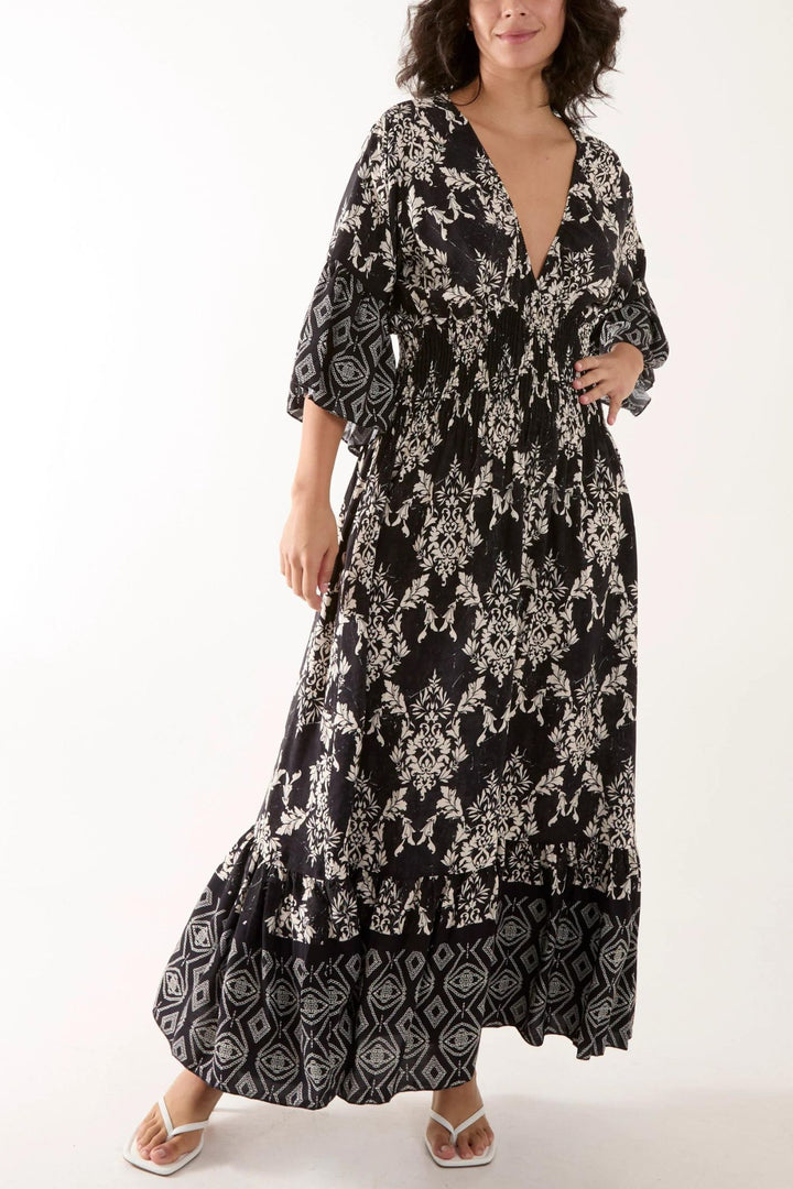 Black Filigree Print V-neck Maxi Dress