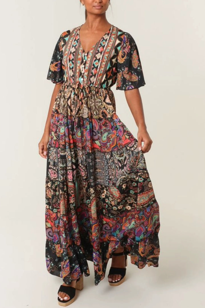 Black Galaxy Print Button Maxi Dress