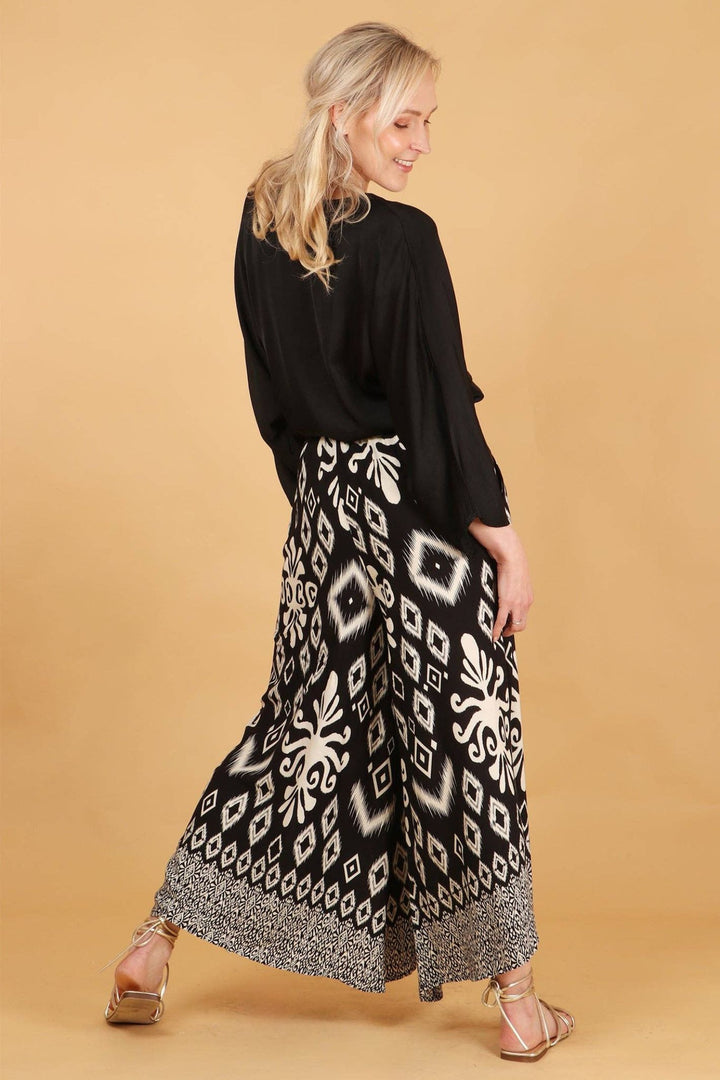 Black Ikat Print Wide Leg Palazzo Pants