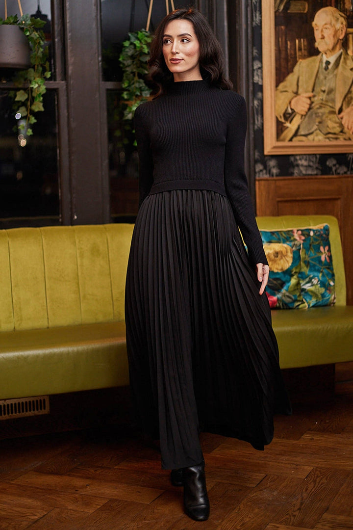 Black Knit Top and Pleated Skirt Maxi Dress